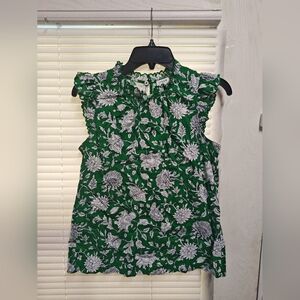 J Crew Sleeveless Ruffleneck Green Floral Top